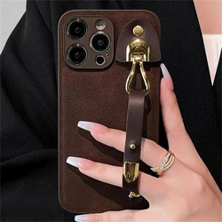 Luxury Moonpit Pattern Brown Phone Case with Wristband - Shockproof Protective Shell Cover - iPhone 15 Pro Max (Brown)
