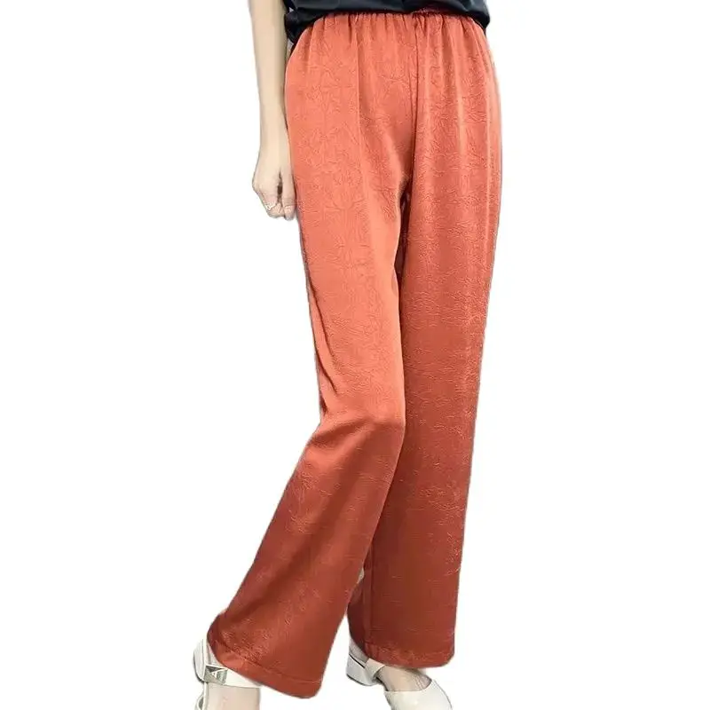 

2024 Spring Summer Casual Silky Satin Women's Straight Leg Cool Pants Elastic Waist Loose Sunscreen High-waisted Wide-leg Pants