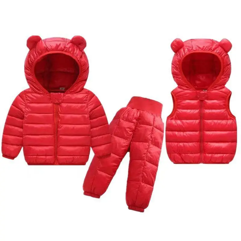 Toddler winter kids clothing set warm faux down jacket pants overalls