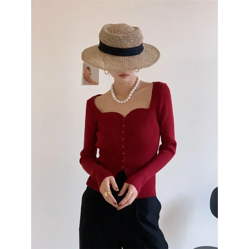 

Solid Sweater Women Fashion T Shirt Lolita Style Knitting Retro Wavy Neck Cute Casual Korean Lady Female Vintage Cardigan Tops