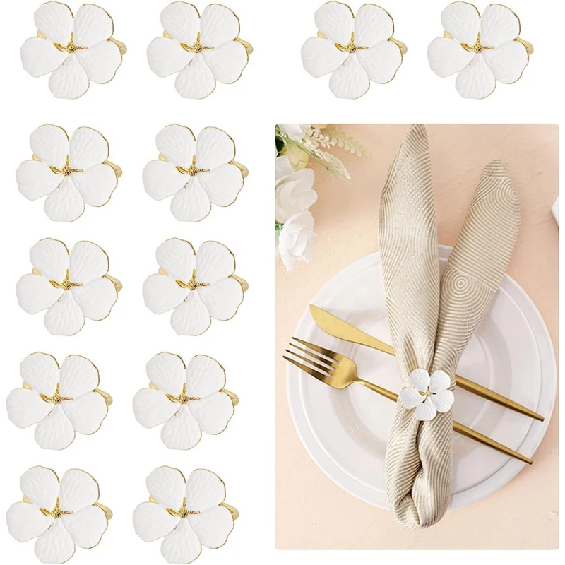 

Napkin Rings ,12 PCS Flowers Napkin Ring Holders Dinner Tables Rings Elegant Ornament Table Setting Decoration ,White