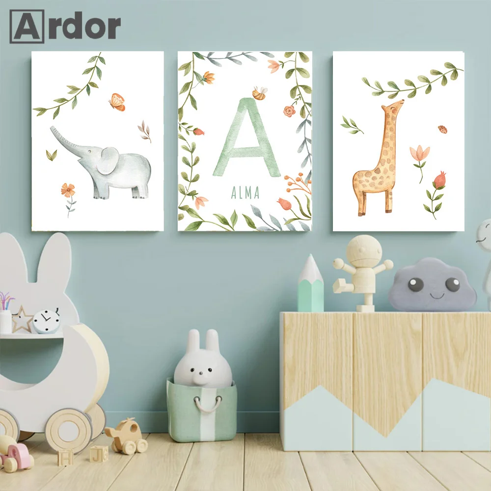 

Baby Custom Name Animals Art Poster Elephant Giraffe Nursery Canvas Painting Nordic Art Print Wall Pictures Baby Kids Room Decor
