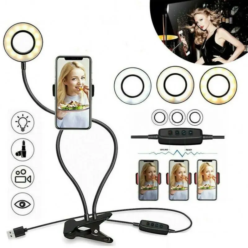 Modern USB Powered LED Ring Light with Phone Holder Clip Table Stand Live Stream Selfie Makeup Lamp for Bedroom