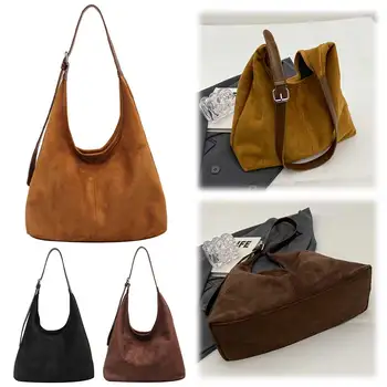 Women Suede Shoulder Bag Stylish Crossbody Bag Large Capacity Casual Tote Purse Solid Color Adjustable Strap Vintage Satchel Bag