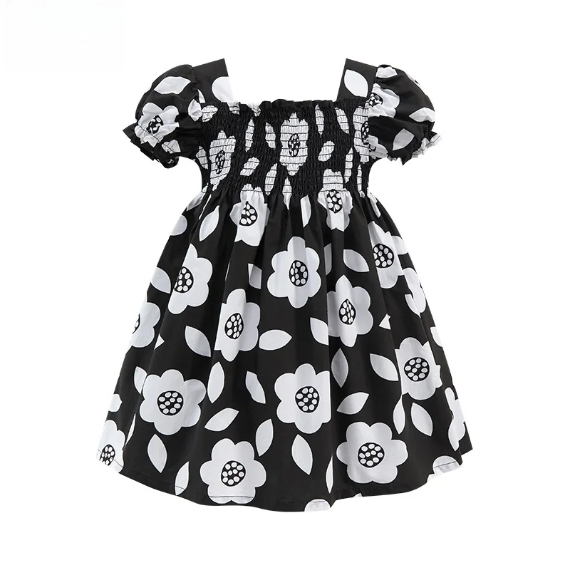 2025 Summer Party Dress Baby Girls Kids Clothes Cartoon Flowers Black Dresses Children's Clothing Vestidos Cotton