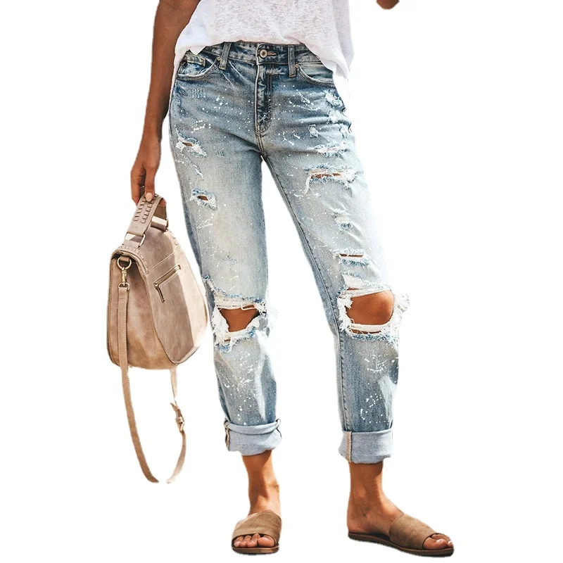 

1009 Europe and America New Fashion Loose Casual Pants Tide Ripped Jeans for Women