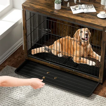 Large Elevated Dog Crate Wooden Dog Kennel Cage Pet House End Table with Double Door and Removable Tray Rustic Furniture Indoor 4