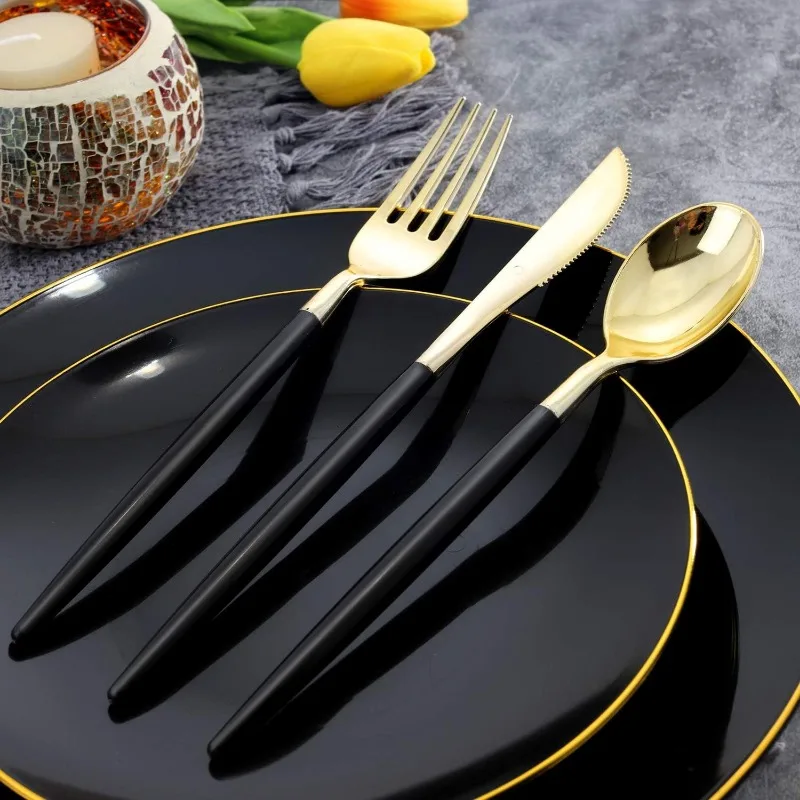 150PCS Black Plastic Plates-Black and Gold Disposable Plates-Premium Heavyweight Gold Plastic Dinnerware