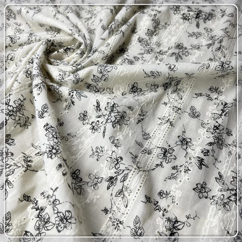 

Pastoral black floral black printed twill cotton embroidery lace for baby dress quilt cover fabric suitable for spring summer