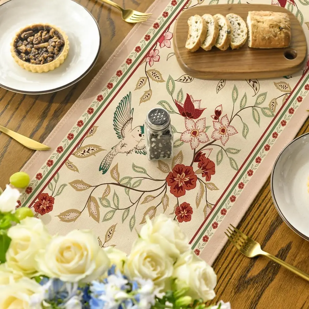 Floral Birds Linen Table Runner 5