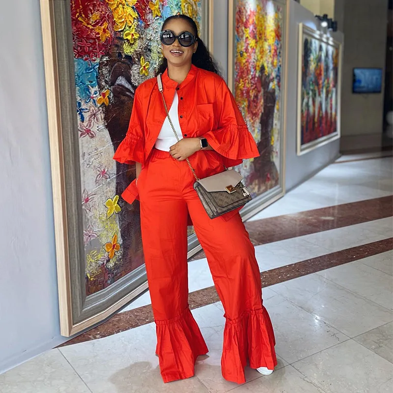 

Fashion Vintage Women Set Flare Half Sleeve Shirt And Ruffles Flare Pants Suit 2023 Autumn Two 2 Piece Set Outfits Tracksuit