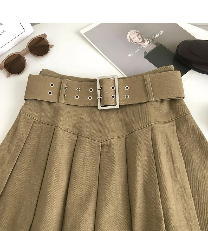 Jupe,jupe pliss?�e en cuir, taille haute, avec ceinture, Style r?�tro, Version cor?�enne, pour 