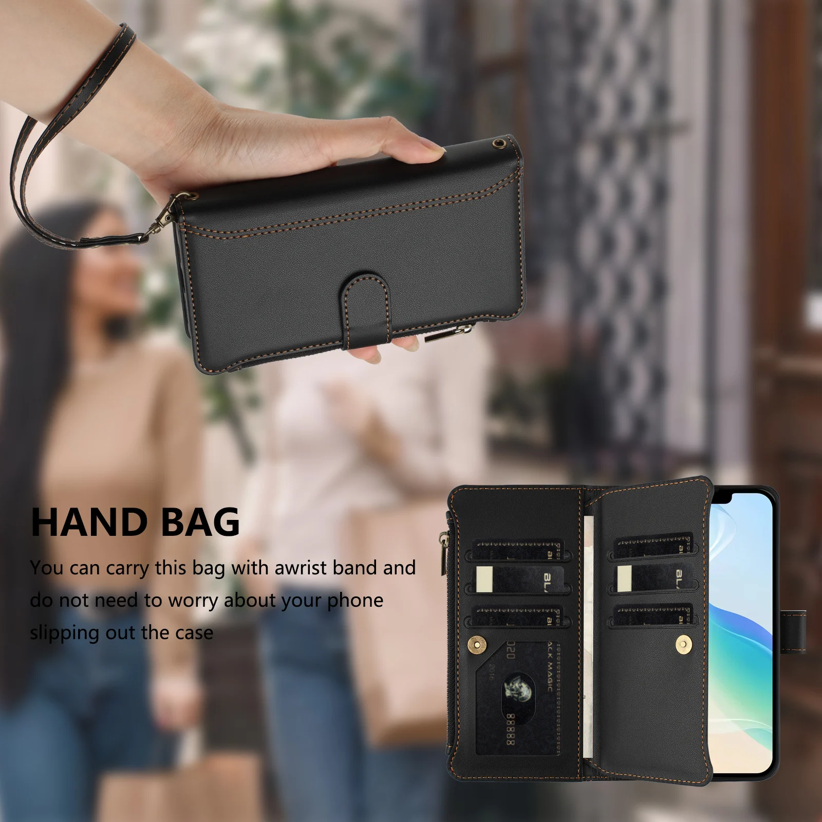 Elegant PU Leather Crossbody Wallet with Zipper and Wrist Strap