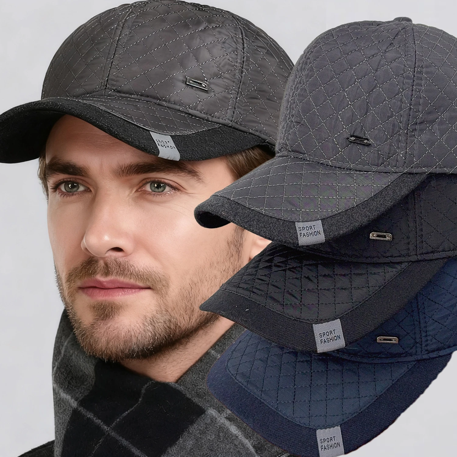 Winter Männer Einfarbig Stepp Stickerei Baseball Caps Mittleren Alters Casual Hut Warme Winddicht Fleece-Gefüttert Earflap Baseball Kappe