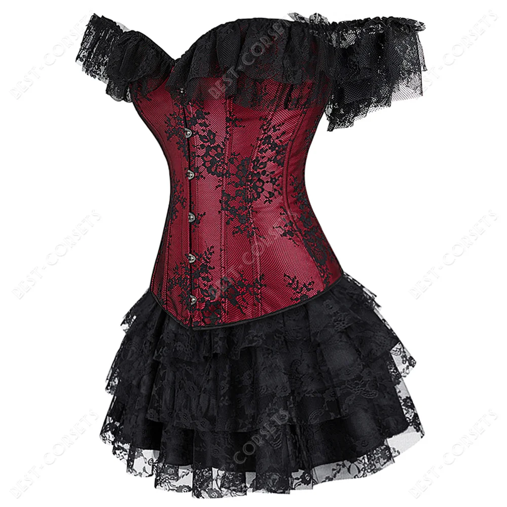 Women Corset With Sleeves Red Corset Dress Plus Size 6Xl Gothic Corset Lingerie Dress Sexy Floral Top