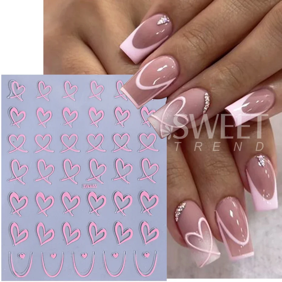 9pcs Valentine's Day Nail Art Stickers 3D Black White Pink Lines Love Heart Nail Decals DIY Adhesive Slider Manicure Decoration