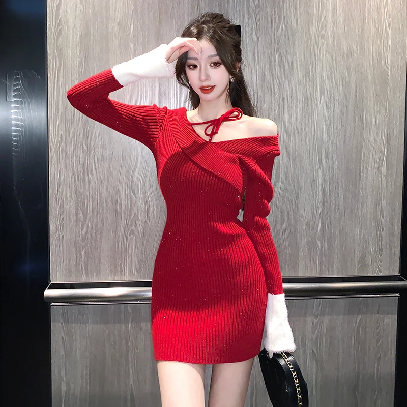 

Sheath OL Lady Dress Spring Red Black Simple V-Neck High Waist Single Side Folds Asymmetrical Hem Elegant Party Dress Women