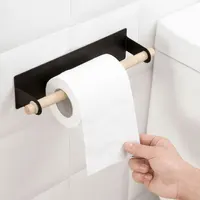 Bathroom Accoessories Wood Towel Storage Rack Bar Kitchen Adhesive Roll  Paper Holder Cabinet Cling Film Rag Hanging Holder 2