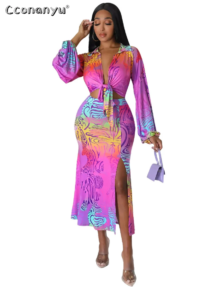 

Spring Printing Elegant V-neck Lace Cardigan Crop Tops Long Skirt 2 Piece Sets Split Dress Outfits for Women Festival Clothing