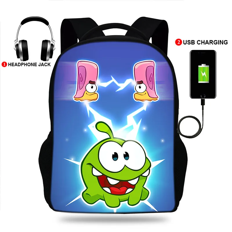 

17inch Hot Game Cartoon Cut The Rope Om Laptop Backpack Oxford USB Charge Travel Backpack Middle School Students Schoolbag