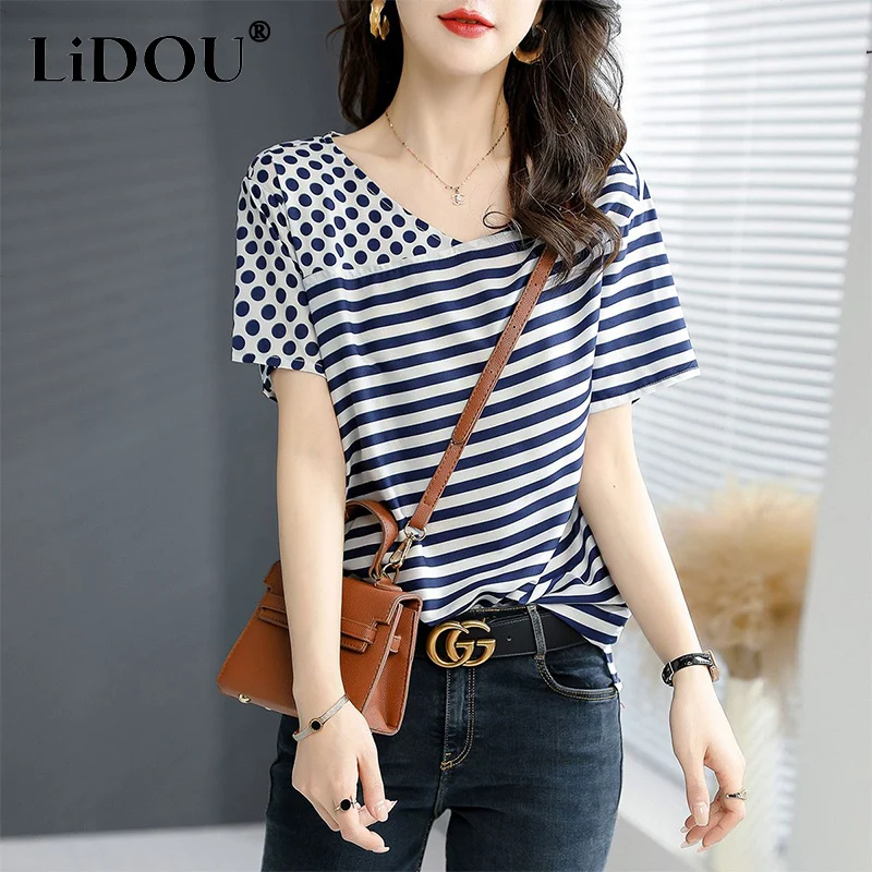 

Summer New Striped Polka Dot Patchwork Loose Casual T-shirt Ladies Fashion All-match Top Women V-neck Short Sleeve Pullover Tees