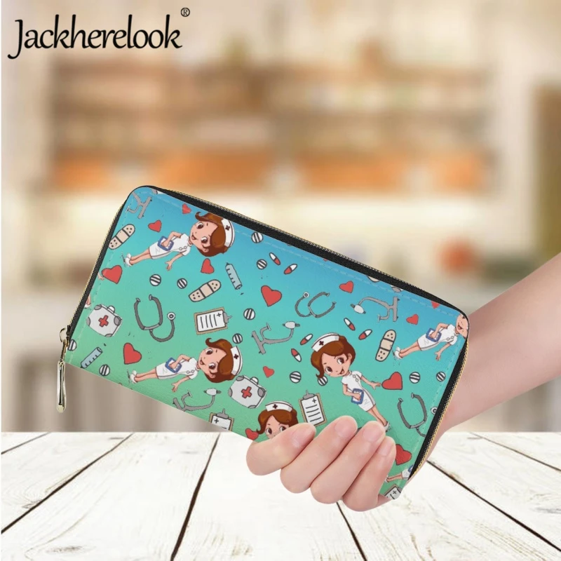 Jackherelook Women's Long Leather Wallet Cartoon Medical Supplies Pattern Printed Purse Ladies Card Holder Clutch Nurse Day Gift