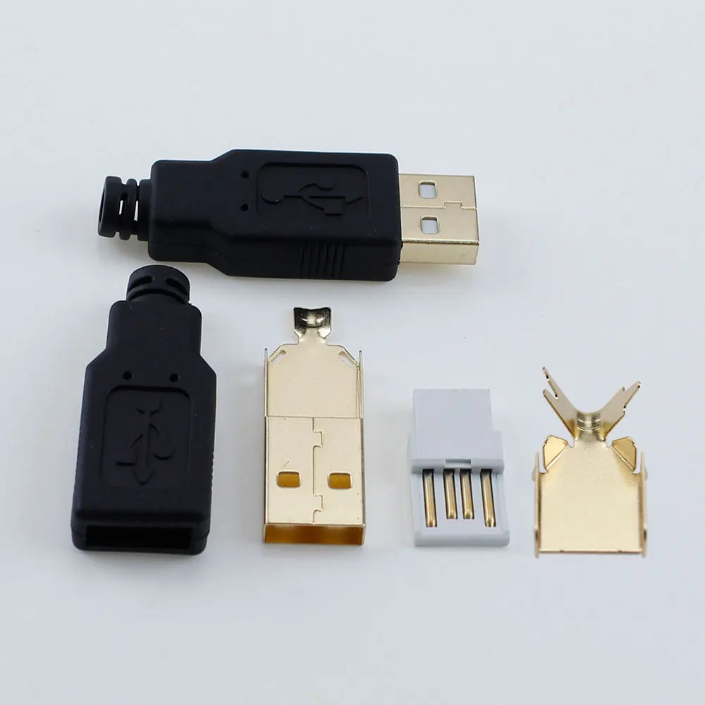

2Pcs Gold-plated Type A Male USB 4Pin Plug Socket Connector DIY Solder Wire Type USB Charging Plug Kits Head Four-piece Set