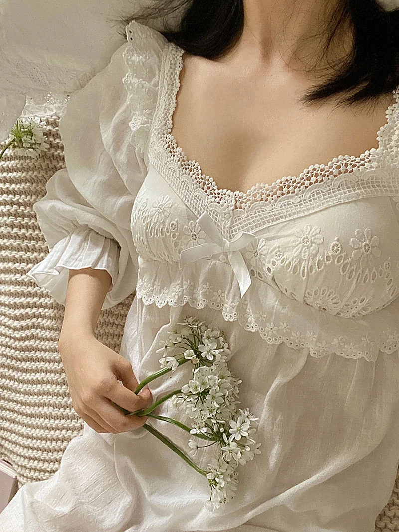 

Women Pure Cotton Ruffles Lace Vintage Nightgowns Robe Nightie Loose Victorian Princess Sleepwear Fairy Nightdress Home Clothes