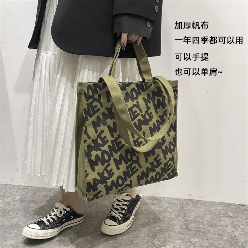 

Women Personalized Letter Prints Monogram Canvas Tote Bag Ladies Reusable Grocery Shopper Shoulder Bag