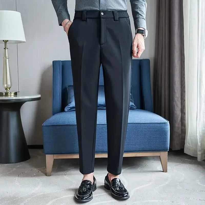 New Winter Korean Style Men's Thick Suit Pants Elastic Waist Business Casual Work Office Slim Fit Warm Trousers Black Khaki
