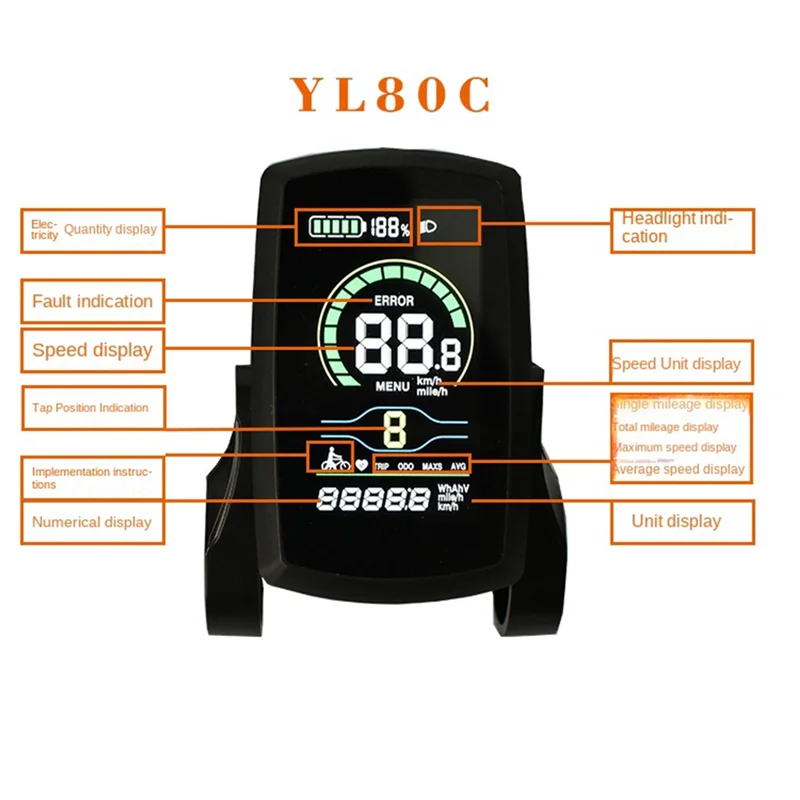 Ebike 36V48V YL80C LCD Meter Intelligent Control Panel Display for