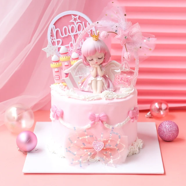 Boneca princesa rosa para assar bolo decoração, saia e coroa ornamento,  menina transporte, castelo, bolo de aniversário Topper, inserir sinal, Tina  - AliExpress