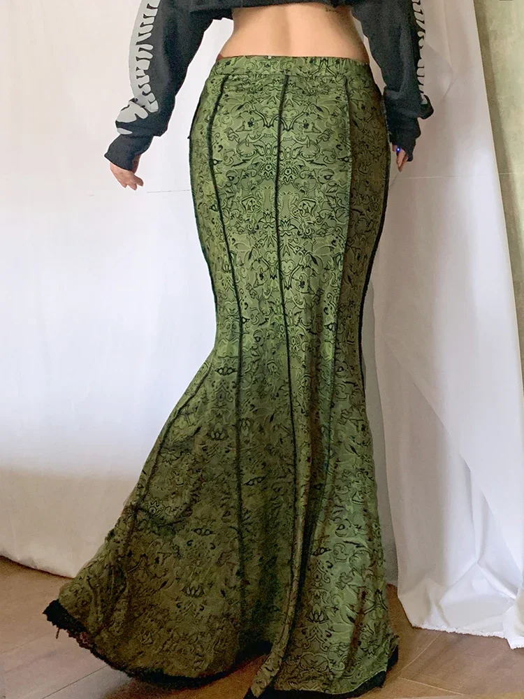 InsLike Sexy Vintage Fashion Elegant Green Trumpet Long Skirt Graphic Print Lace Trim Y2K High Waist Skirt Women 2000s Aesthetic