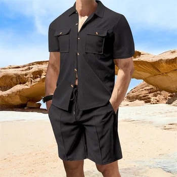 Casual Men s Summer Set Stylish Short Sleeve Button Up Shirt and Comfortable Elastic Waist Shorts in Solid Colors for Beach 2
