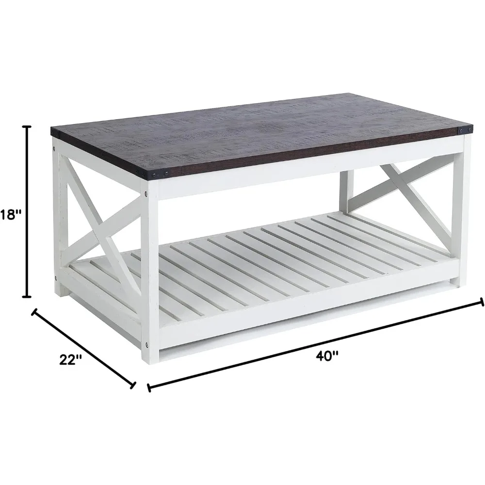 Farmhouse Coffee Table with Slatted Shelf and Corner Protection, 40 Inches, Vintage White/Espresso 2
