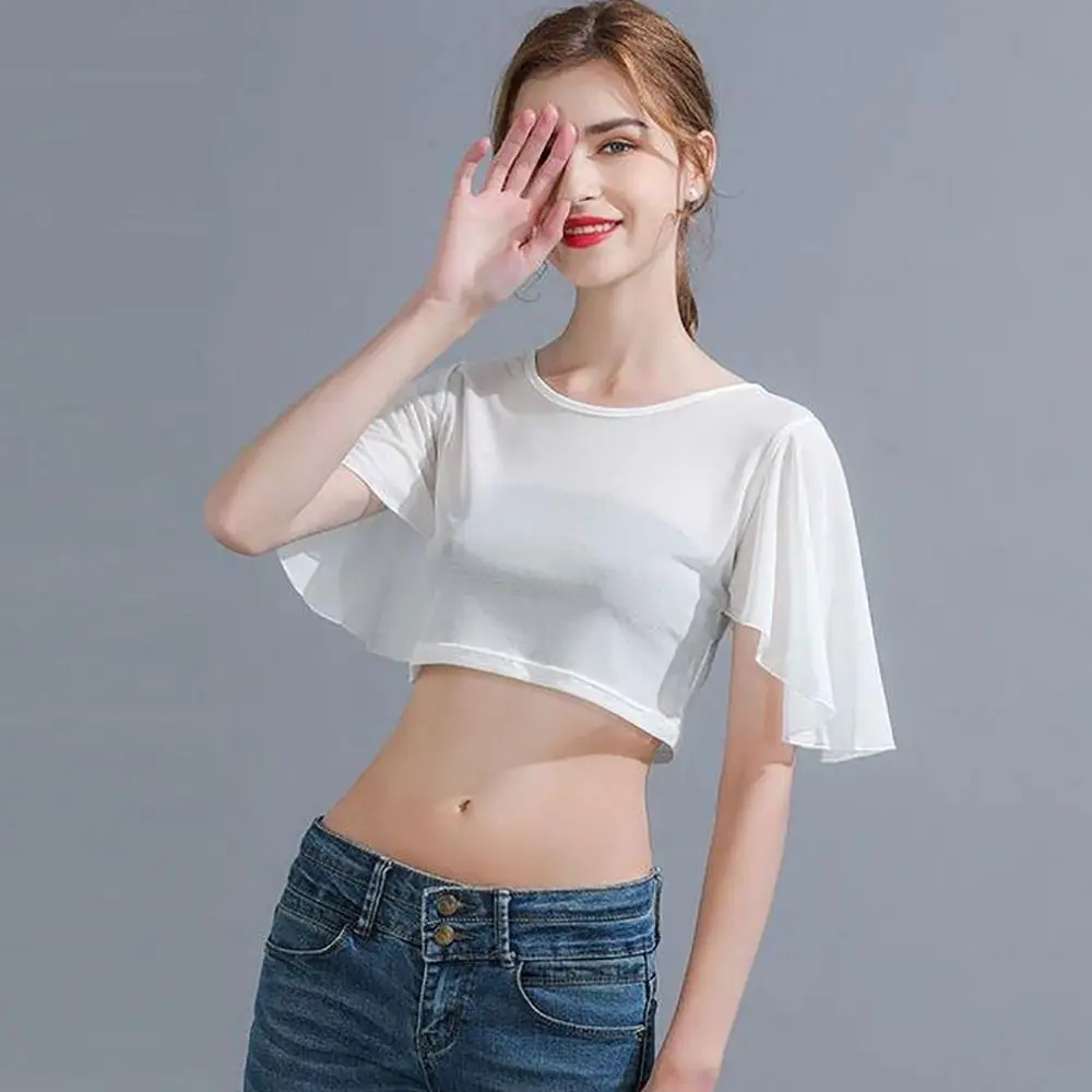 Nylon Spandex Black White Short Sleeve Women Crop Tops