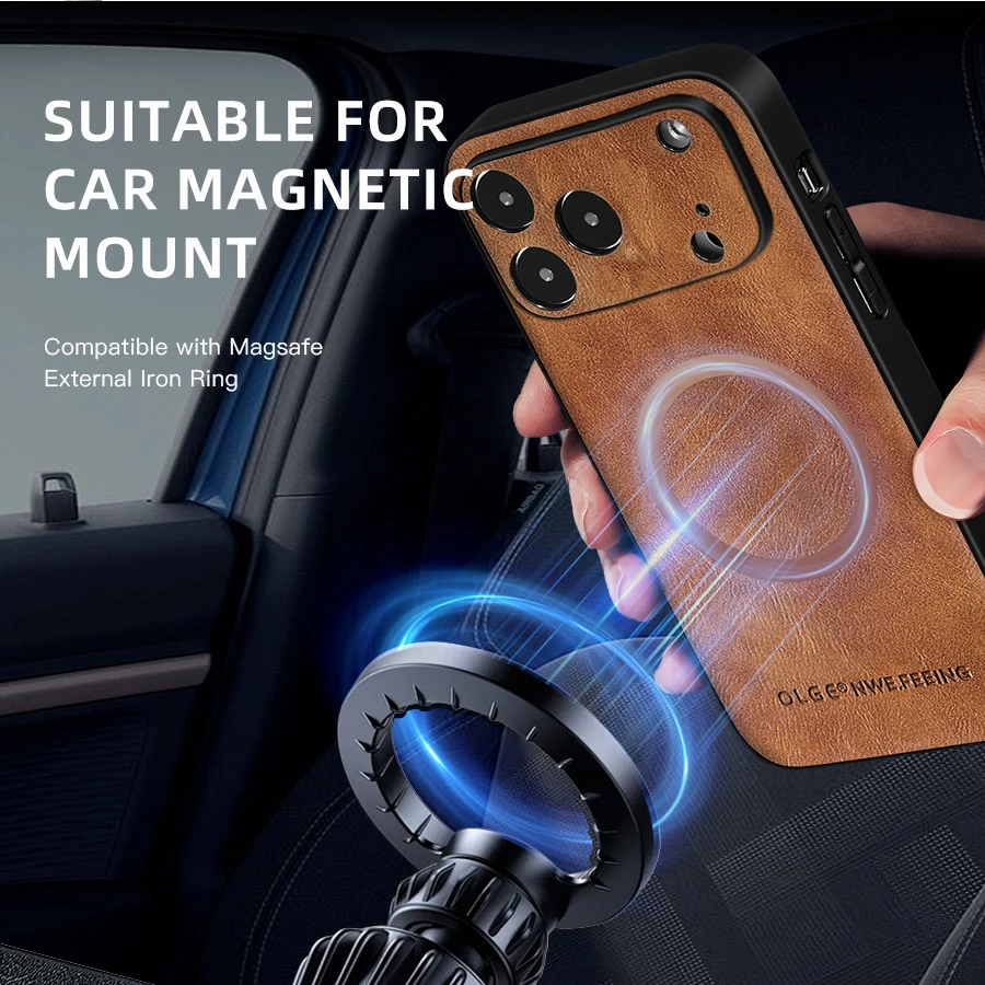 Luxury Textured Leather Phone Case with Wireless Charging & Magnetic Cover