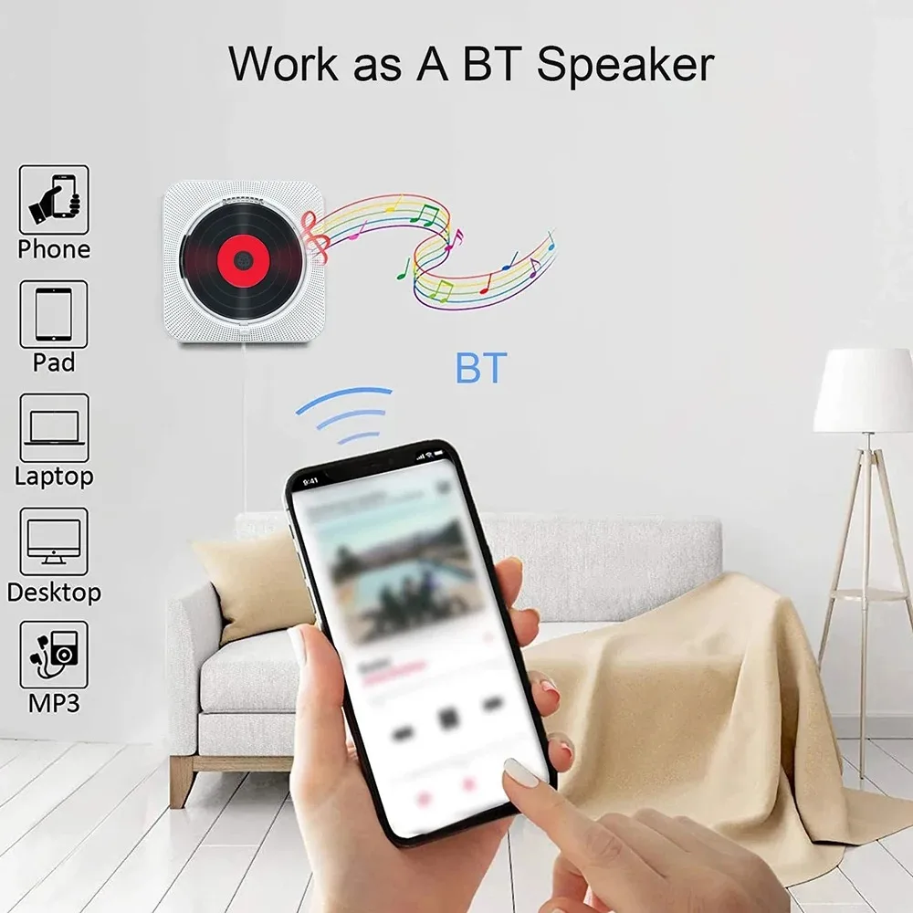 Portable CD Player Bluetooth Speaker Stereo CD Players LED Screen Wall Mountable Music Player with IR Remote Control FM Radio