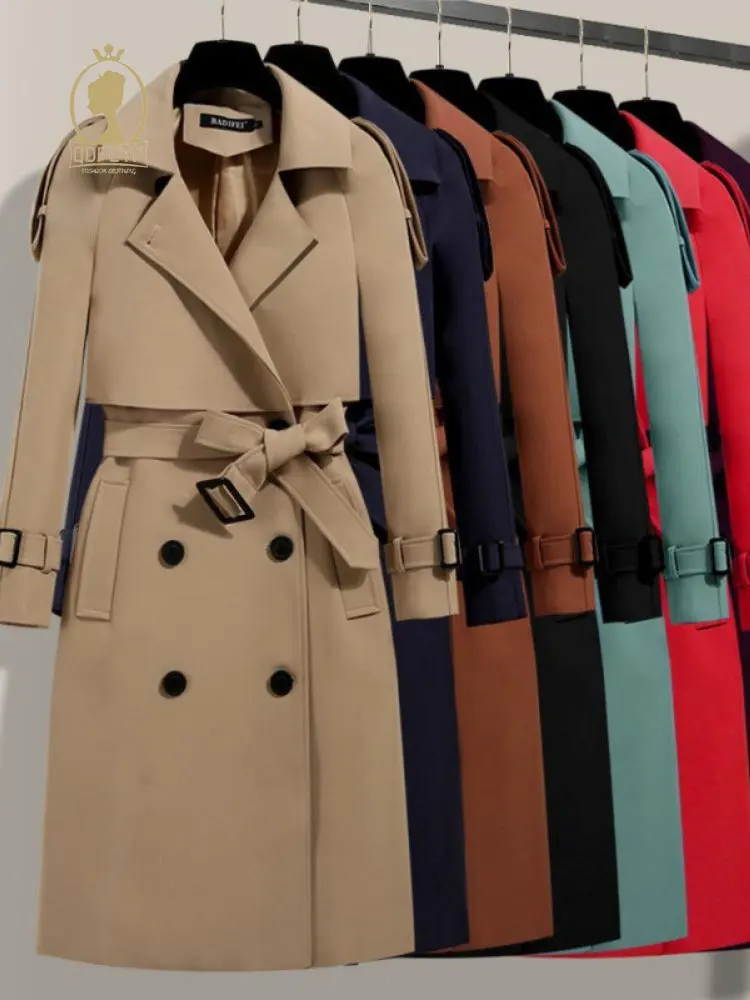 

New Autumn Women's Coats Fashion Casual Belt Mid Length Outwear Elegant Slim Fit Pockets Button Solid Trench Coat for Women 2023