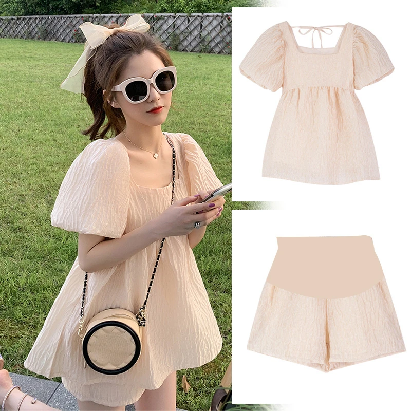 Summer Maternity Clothes Set Sweet Puff Sleeve Square Collar Ball Gown Shirts+belly Shorts Twinset Pregnant Woman Short Sets