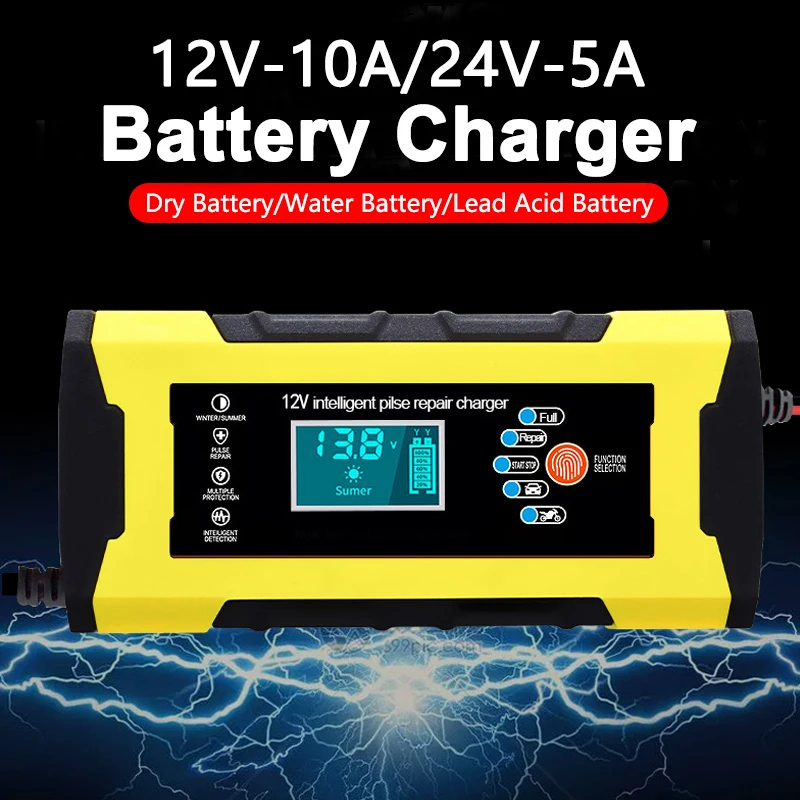 

12V 24V 10A 5A Battery Charger Car Battery Smart Fast Charge LCD Display For Auto Motorcycle Truck Intelligent Pulse Repair