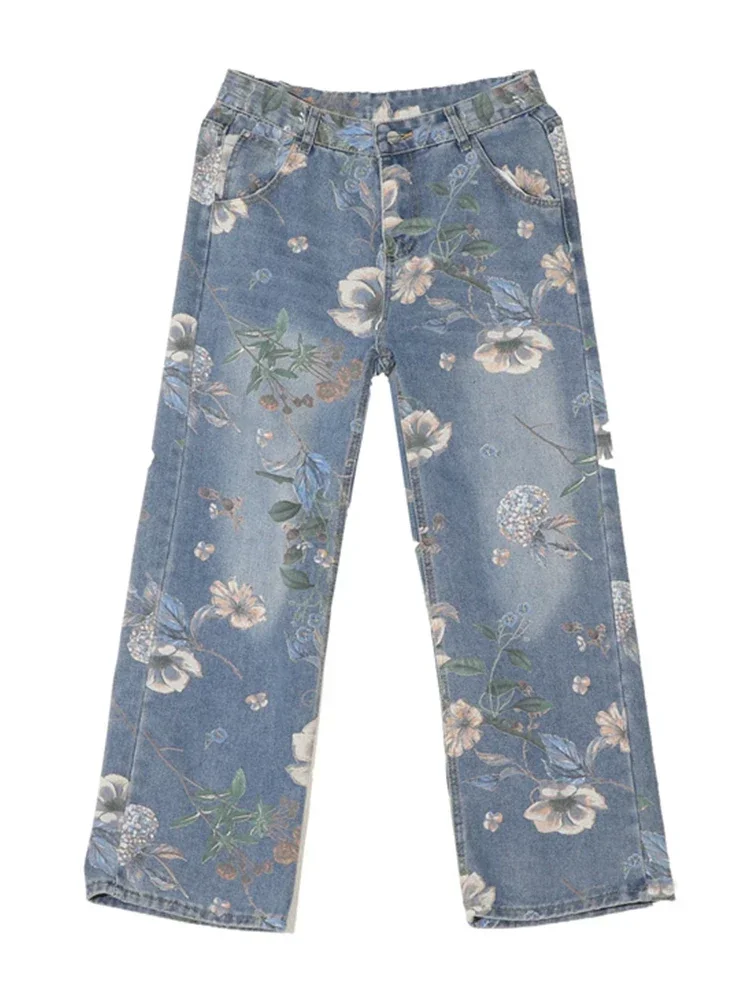 Autumn Floral Printed Jeans For Men 2024 New Y2K Vintage