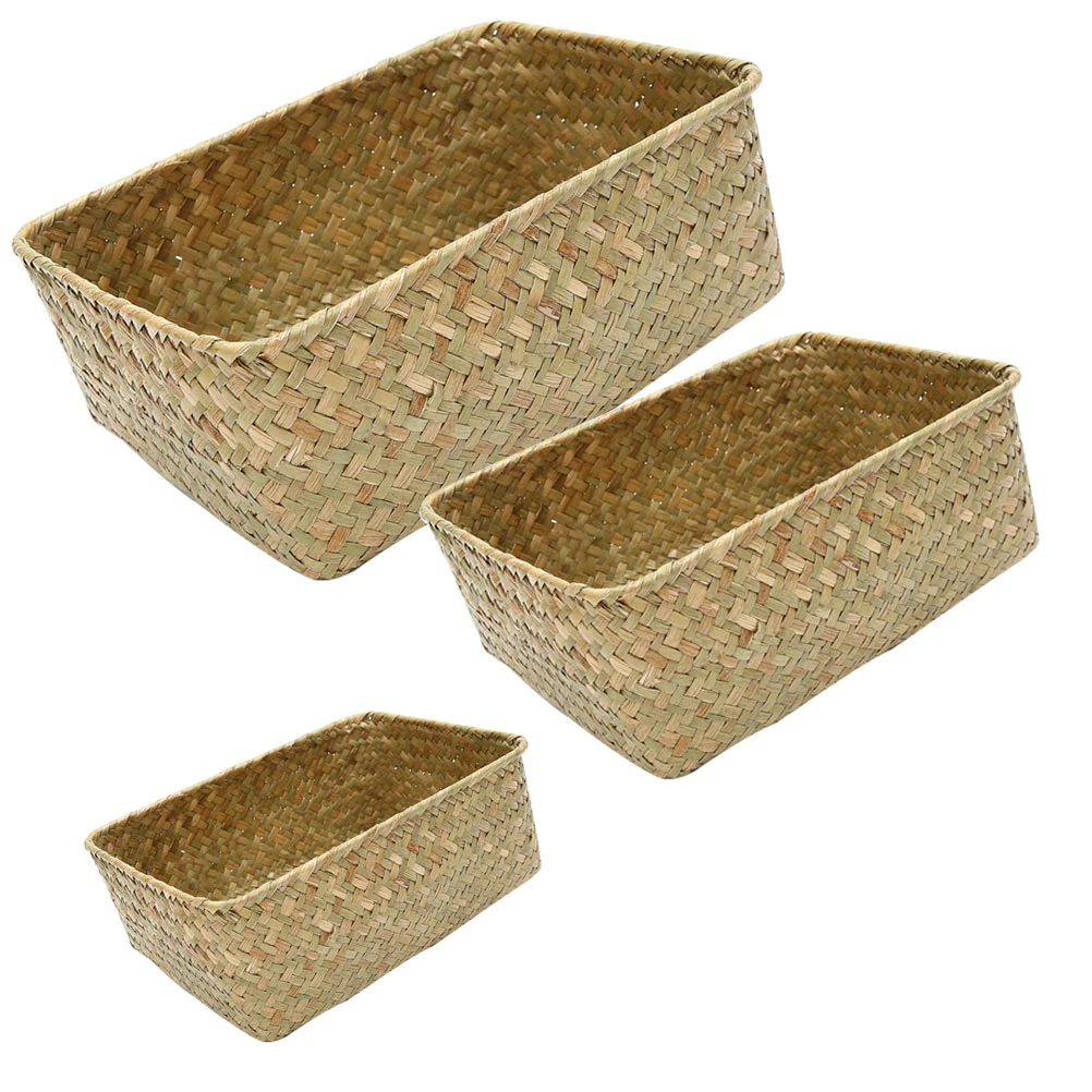 

3 Pcs Woven Sundries Organizer Basket Storage Holder Clutter Bins Hamper No Cover Flower Tea