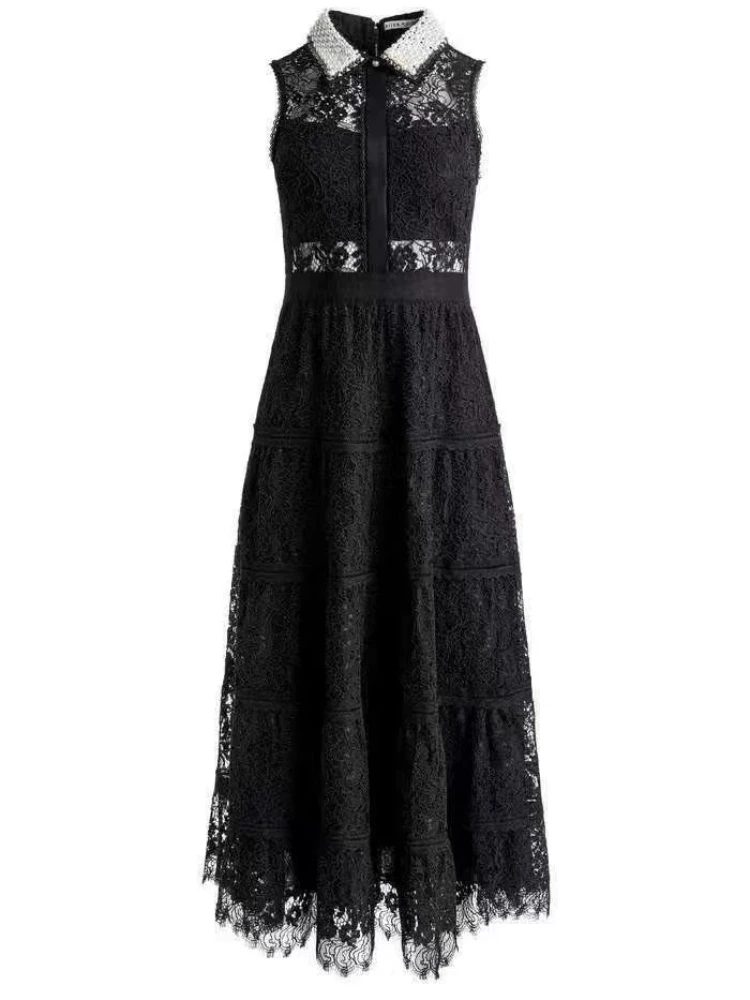 

2024 Spring Summer Office Lady Black See Through Lace Patchwork Sleeveless Midi Dress