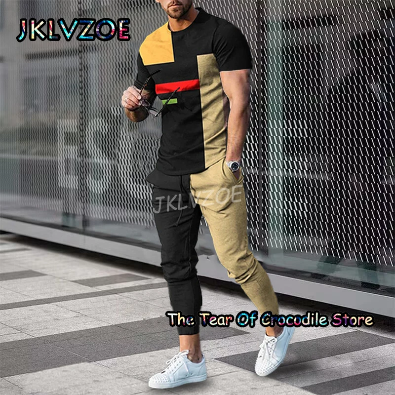 Fashion T Shirt Trousers 2 Piece Sets Gold Stripes Men's Tracksuit Summer Short Sleeve Pants Smiley 3d Printing Casual Clothes