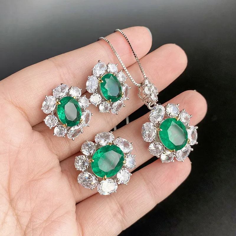

Elegant S925 Sterling Silver Paraiba Tourmaline Luxury Jewelry Set Flower Pendant Necklace Ring Earrings For Women Free Shipping