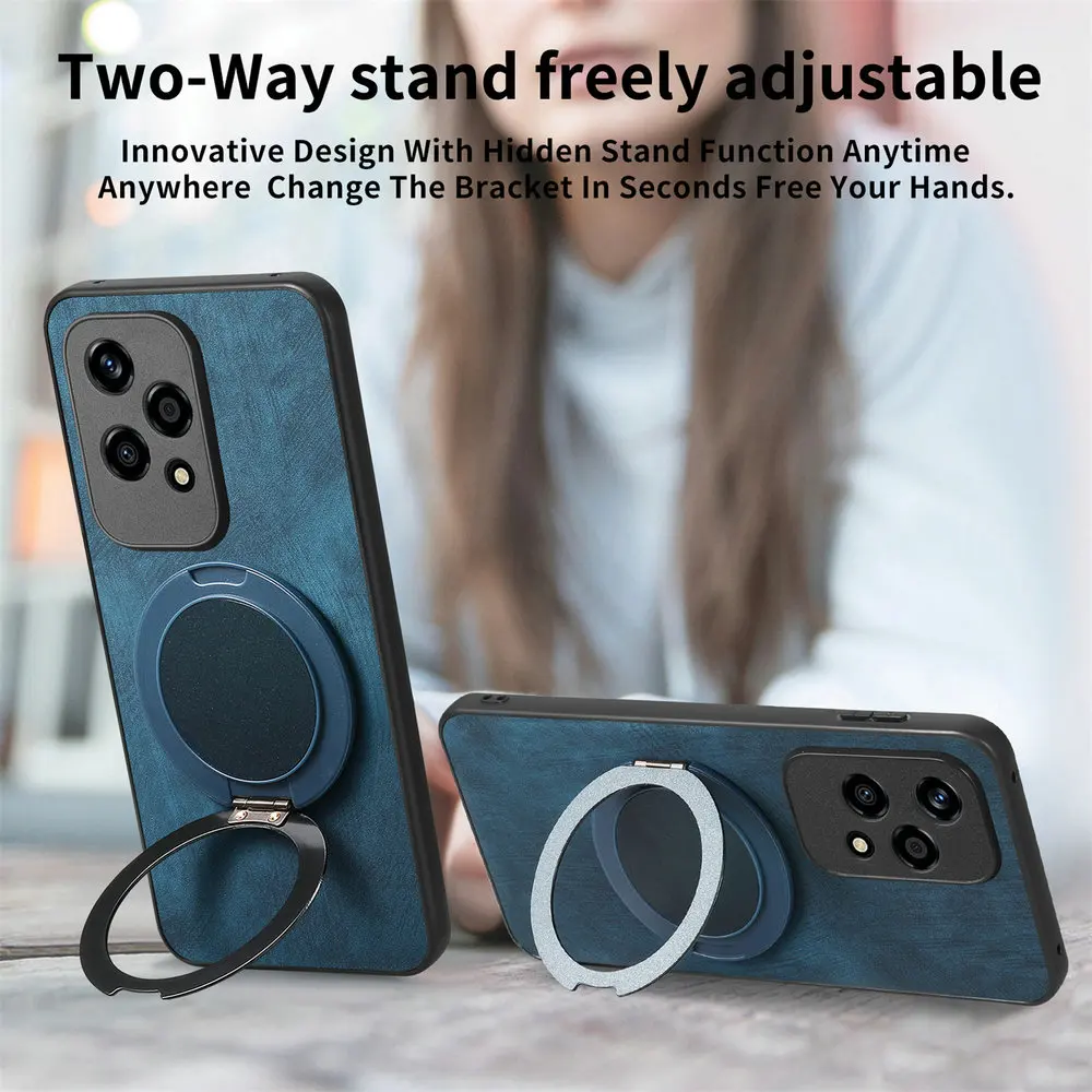 Leather Back Panel Phone Case with Magnetic Ring Holder, Enhanced Protection
