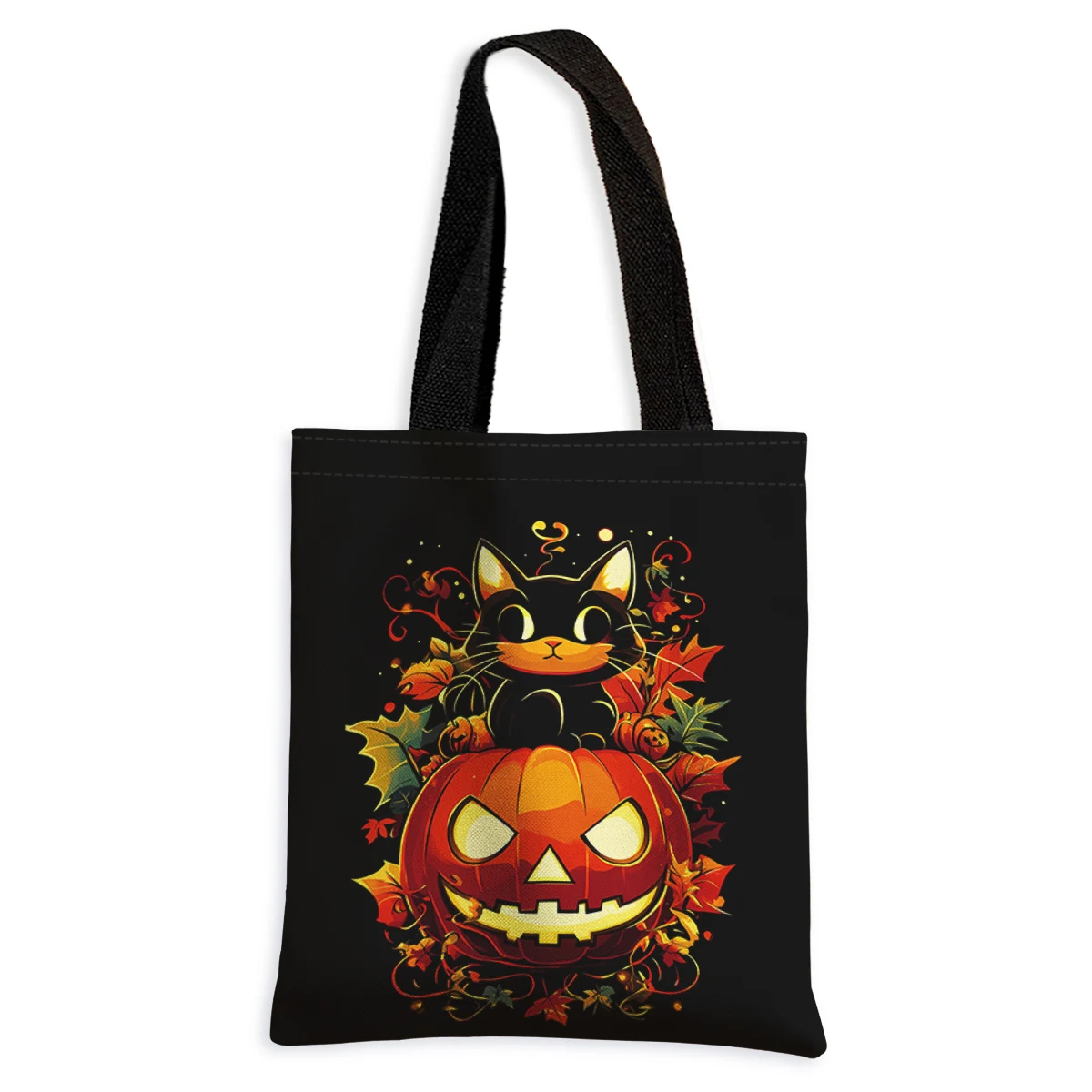 Halloween pumpkin and black cat pattern printed casual handbag, reusable fashionable shopping bag