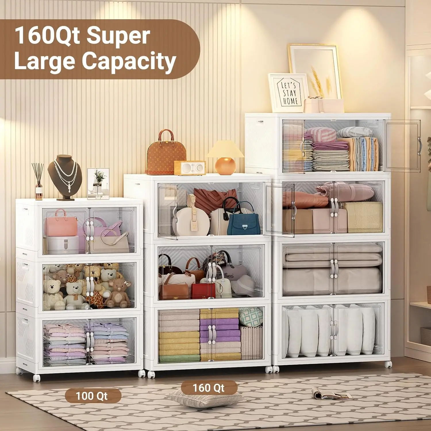 Stackable Storage Bins with Lid, 160Gal Closet Organizers and Plastic Cabinets Shelves, Collapsible Drawers with PET Clear Doors