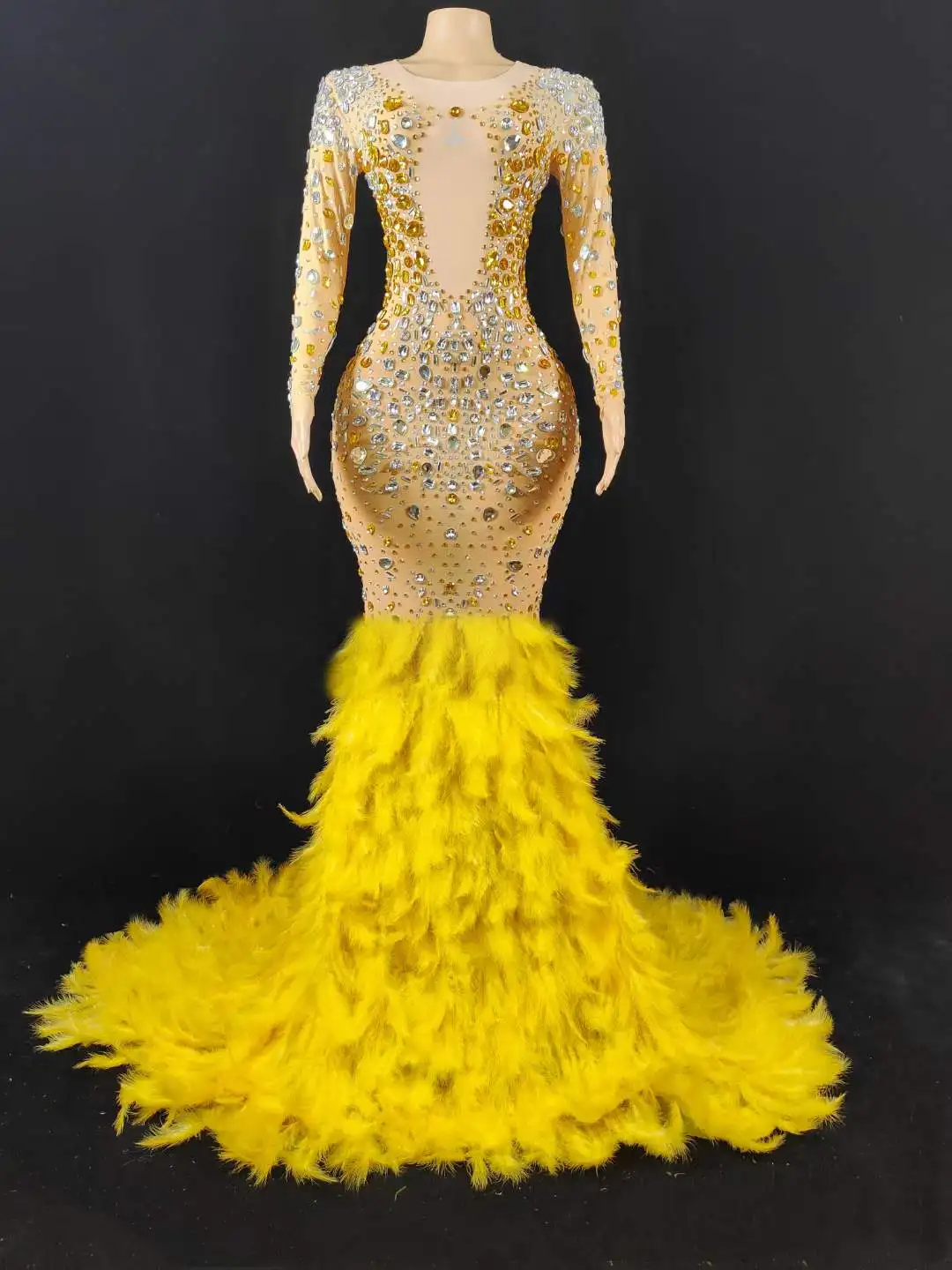 

Gold Stunning Rhinestone Feather Mermaid Dress For Women Long Sleeve Crystal Drag Queen Costume Singer Performance Outfit